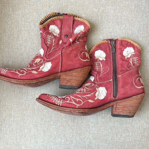 Liberty Embroidered Leather Red Western Ankle Boots - Picture 2 of 6